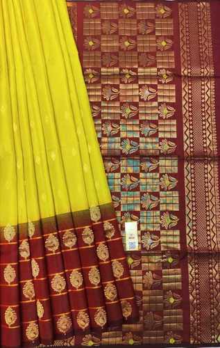 Pure Kanchipuram Silk Sarees Skirt Border Yellow And Brown Combination