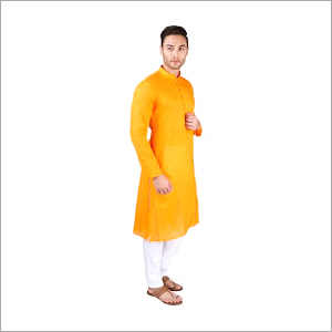 Mens Cotton Kurta - Long Sleeves Plain Yellow | Casual Style Breathable Washable Quick Dry Trendy Design for Male Comfort