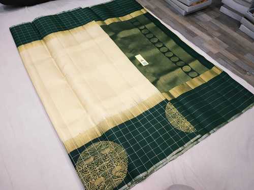 White And Green Pure Silk Skirt Border Checked Side Butta