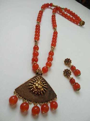 Beaded Long Necklace with Earrings