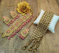 Pink Kundan Choker Necklace Set with Bracelet