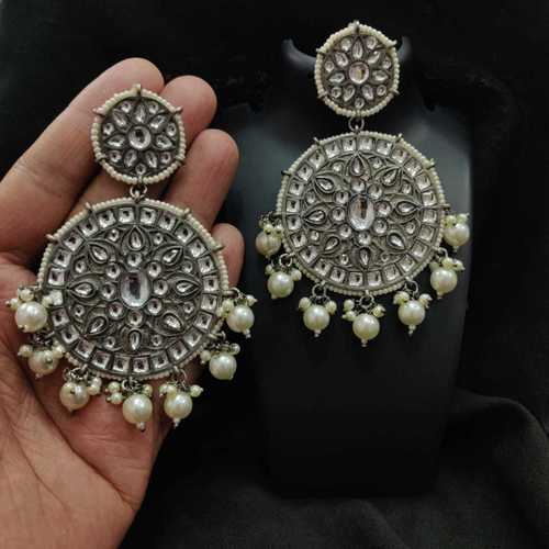 Silver Oxidized Kundan Earrings