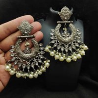 Silver Oxidized Kundan Earrings