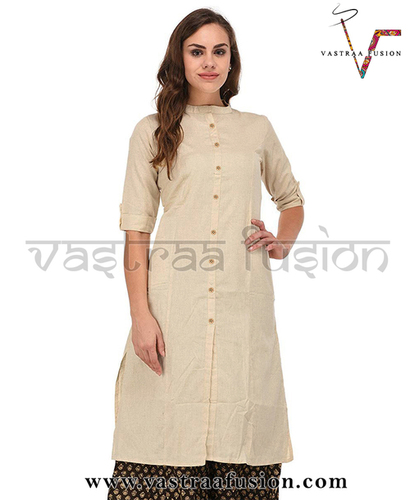 Cotton Button Pattern Ladies Kurti - Cotton Blended Jute, Sizes 36-50 Inches, Available in 25 Colors, Regular Fit for Casual & Festive Wear