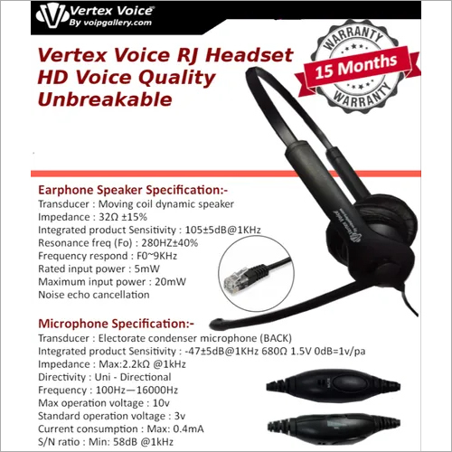 Vertex Voice High Defination Rj Headset With Controller Body Material: Steel And Plastic Mix