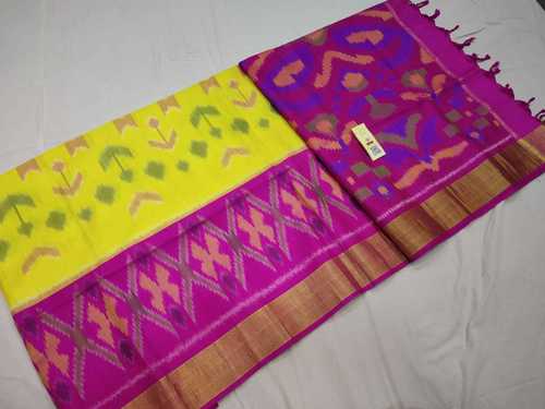 Yellow with Pink Border and Pallu Pure Ikkat Silk Saree – Fashionous