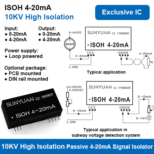 10KVAC High Isolation Two Wire Loop Powered 4-20mA Signal Isolators