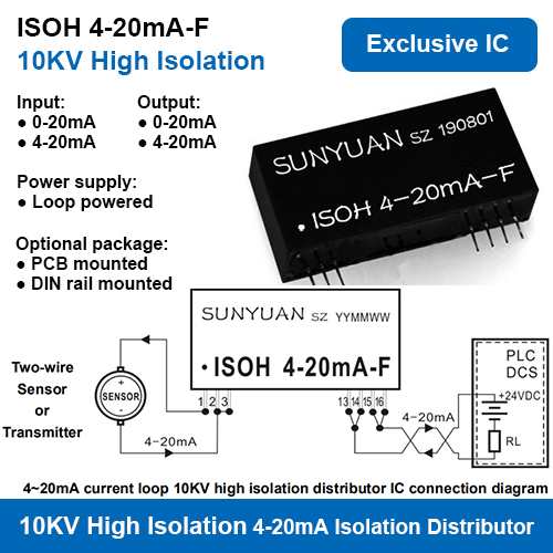 10KVAC High Isolation Two Wire Loop Powered 4-20mA Power Distributors
