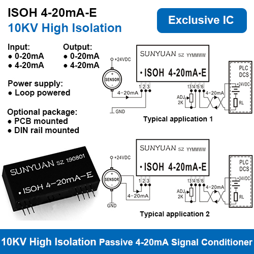 10KVAC High Isolation Two Wire Loop Powered 4-20mA Signal Conditioners