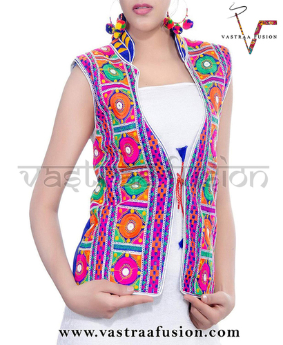Multi Colour Embroidered Festival Wear Short Jacket / Shrug - Cotton, Sizes XS to 5XL, Multi Colour, Regular Fit, Sleeveless Design | Casual and Festive Use, Washable