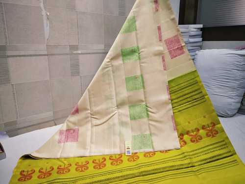 Peach With Green Pure Silk Double Warp Silk Saree