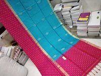 Sky Blue With Pink Pure Silk Turning Border Saree Double Warp