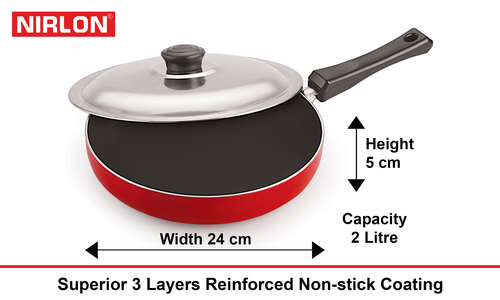 Nirlon Non Stick Aluminium Deep Frying Pan With Ss Lid Interior Coating: 5 Layer Nonstick Spray Coated