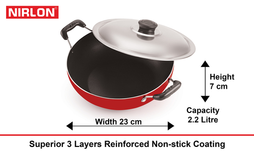 2.25L Nirlon Deep Kadai With Stainless Steel Lid Interior Coating: Healthy Non-Stick Coating Free From Pfoa