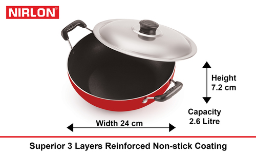 Nirlon Aluminium Non Stick Deep Kadai With Glass Lid Interior Coating: 5 Layer Nonstick Cookware Coated
