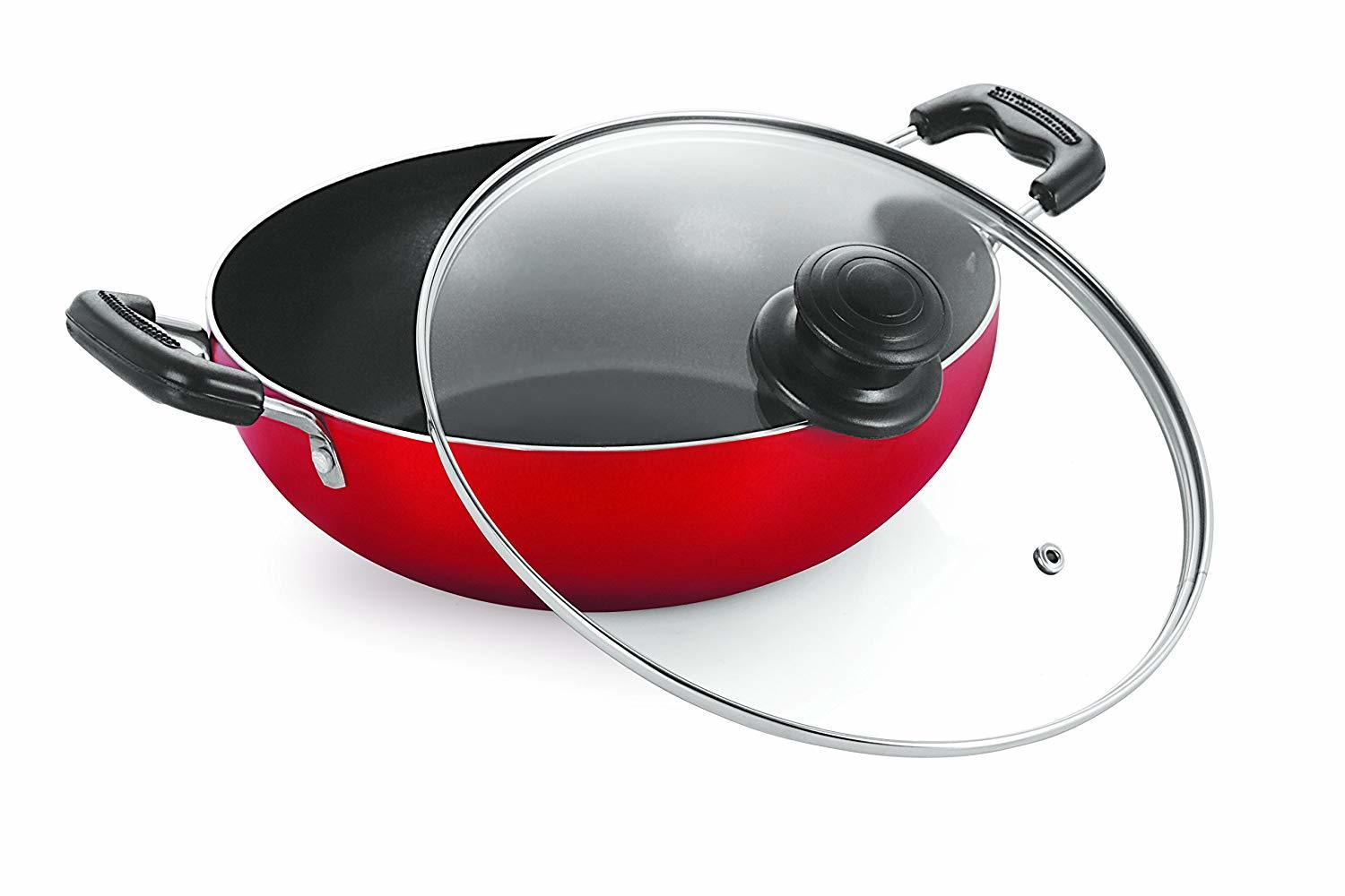 Nirlon Aluminium Non stick Deep Kadai with Glass Lid