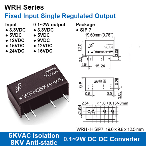 Wrh Series 6kvac Isolation Fixed Input Single Regulated Output Dc-dc Converters With 8kv Anti-static Protection