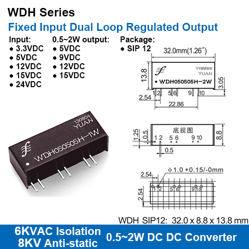 Wdh Series 6kvac Isolation Fixed Input Dual Loop Regulated Output Dc-dc Converters With 8kv Anti-static Protection