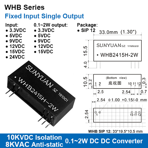 Whb Series 10kvdc High Isolation Fixed Input Single Regulated Output Dc Dc Converters With  8kv Anti-static Protection