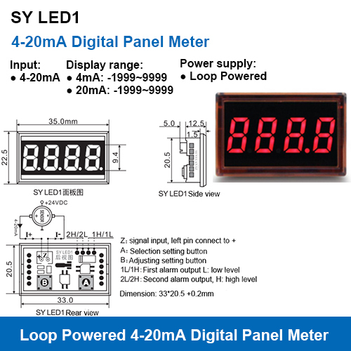 SY LED1 Two Wire Loop Powered 4-20mA Digital Panel Meters