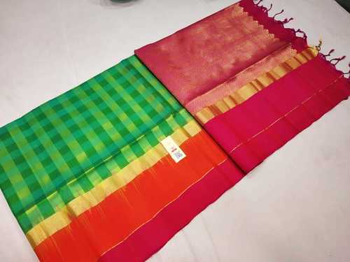 Green With Red Pure Silk Checked Soft Silk Saree