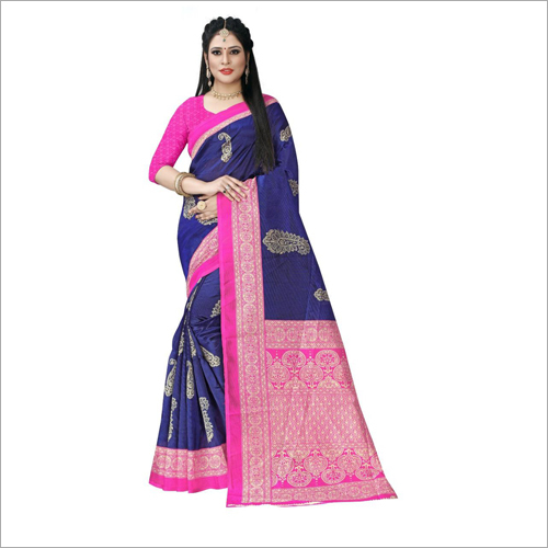 Party Wear Linen Juth Saree - Linen Juth Material, Ideal for Festivals & Celebrations, Anti-Wrinkle & Colorfast, Mesmerizing Pink & Blue Design