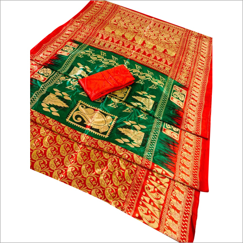 Stylish Art Silk Saree - Silk Material, Rich Red and Green Color with Golden Zari Pattern | Breathable, Skin-Friendly, Easy Maintenance, Ideal for All Seasons