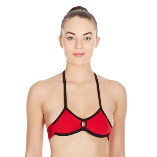 Female Bow Tie Halter Neck Bra - Cotton Modal Blend, Size 34-36, Red-Black | Padded Push Up Design, Breathable & Skin Friendly