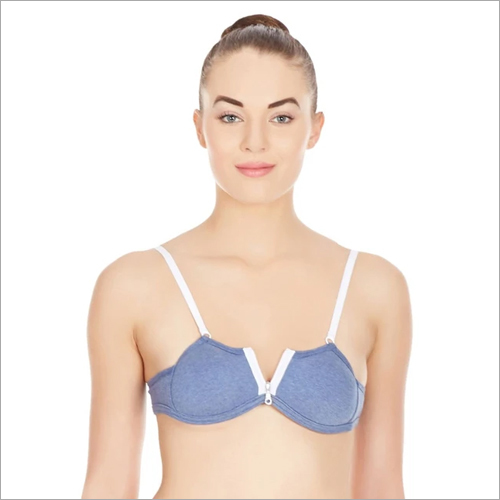 Front Zipper Plunge Bra - Cotton Spandex Blend, Sizes S-XL, Color: Blue | Stylish Drawstring Back, Plunge Design, All-Day Comfort