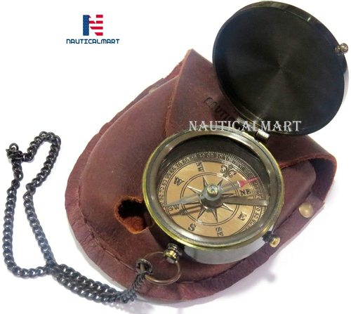 NauticalMart Brass Compass With Leather Case - Antique Finish Pocket Navigation Tool