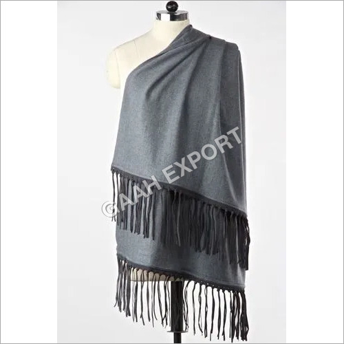 Hand Made Cashmere Pashmina Leather Suede Tussle Stole , Size-70X200Cm