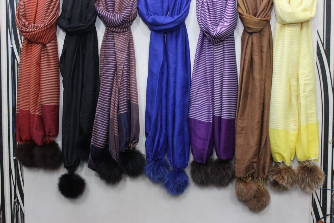 Cashmere  Fur Pom Pom Stoles