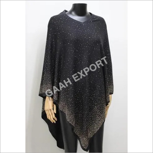 Woolen 100% Cashmere Plain And Crystal Pearls Poncho Stole