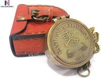 Brass Compass Engraved 1818 East India Company -personalized Compass, Christmas Gift, Baptism Gifts, Nautical Gifts, Father's Gift - Flat Compass With Chain & Leather Case