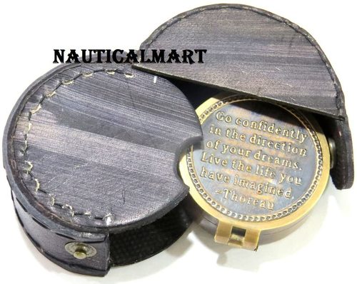 Nautical Nauticalmart Brass Compass Thoreau'S Go Confidently Poem Pocket Gift With Leather Case