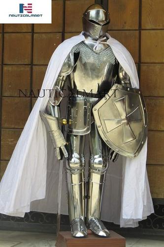 Steel Knight Full Suit Of Armor Larp Halloween Costume Cloak, Shield, Sword, Chainmail