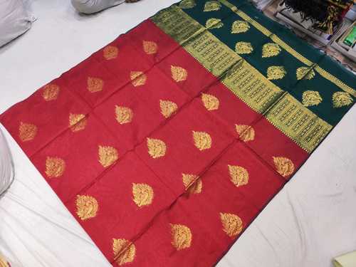 Silk Cotton Saree Red With Bottle Green Age Group: Any