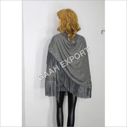 Machine Made Pashmina Leather Suede Tussle With Crystal Border D Design Stole, Size-70X200Cm