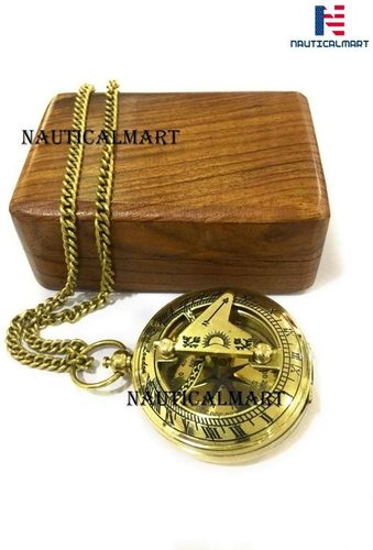 Brass Push Button Direction Sundial Compass with Wooden Box and Chain Beautiful Handmade Gift - Sundial Clock