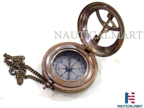 NauticalMart 3 Push Button Sundial Nautical Brass Compass with Chain