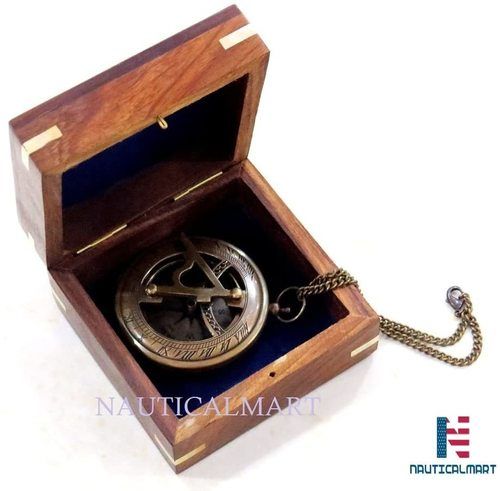 NauticalMart 3 Push Button Sundial Nautical Brass Compass with Chain/Wooden Case