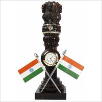 Wooden Ashoka Pillar With Flag And Watch - 8 Inch White Wood Decor, Intricately Carved, Perfect For Home Decoration And Gifting