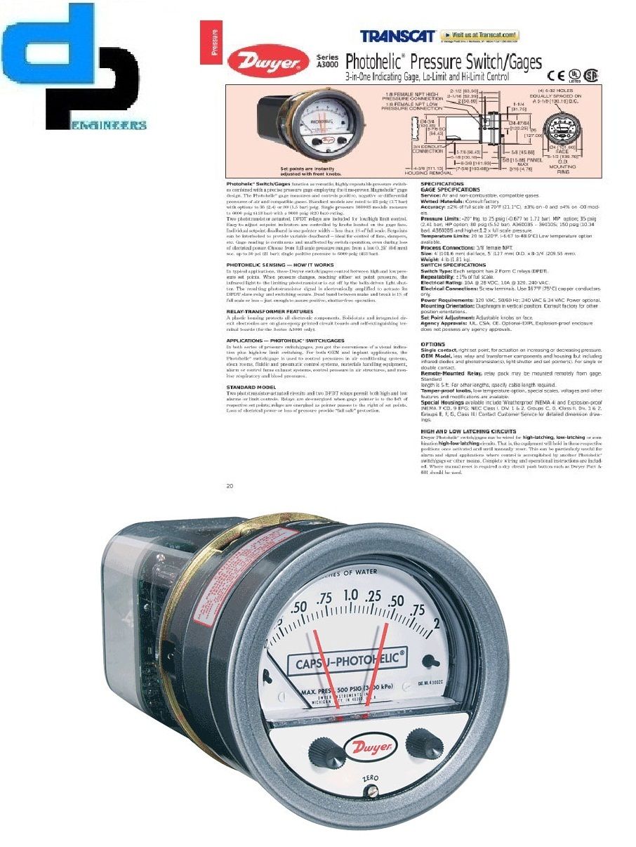 Dwyer A3000-100CM Photohelic Pressure Switch Gauge Range