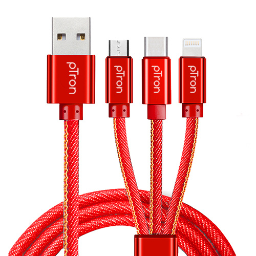 pTron Indigo 3-in-1 2.0Amp 1M USB Charging Cable for All Smartphones - Metal+Copper+ABS+Denim Fabric, Red, 3 Charging Ports for Simultaneous Device Charging