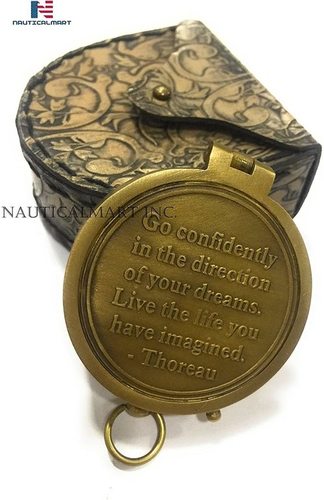Nautical Brass Compass Thoreau'S Go Confidently Poem Engraved With Leather Case Brown Antique