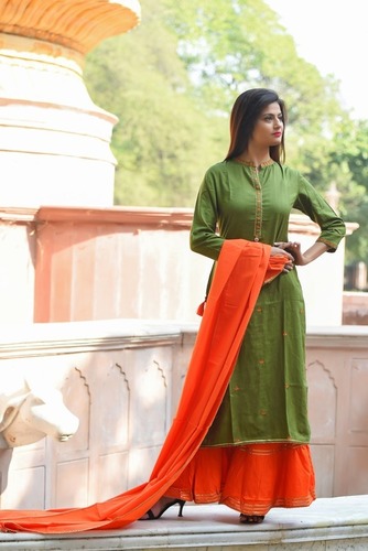 Green And Orange Kurti Palazzo Set With Dupatta - Feature: Washable