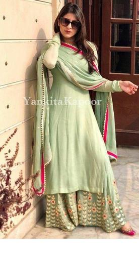 Ladies Designer Kurti Palazzo Set With Dupatta - Color: Light Green