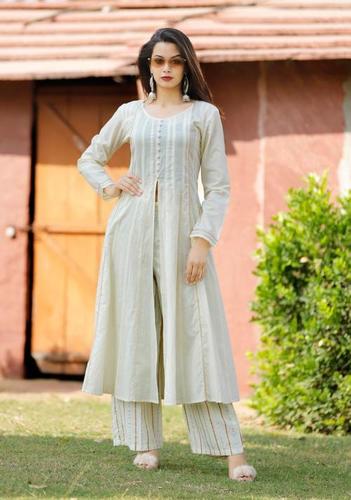 Fargin Women's Rayon Straight Regular Casual Indian Wear White Kurti with  Sky Blue Palazzo Printed,Embroidered,
