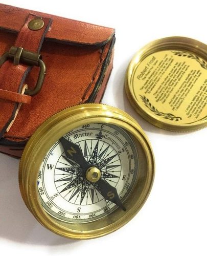 Nautical Nauticalmart Brass Compass - Marine Pocket Compass Engraved Robert Frost Poem W/leather Case