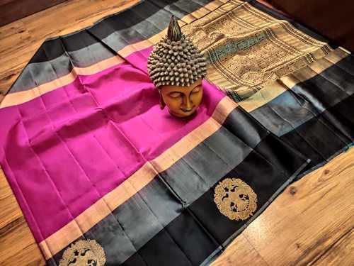 Pure Silk Double Warp Side Butta Pink With Black and Grey Combination
